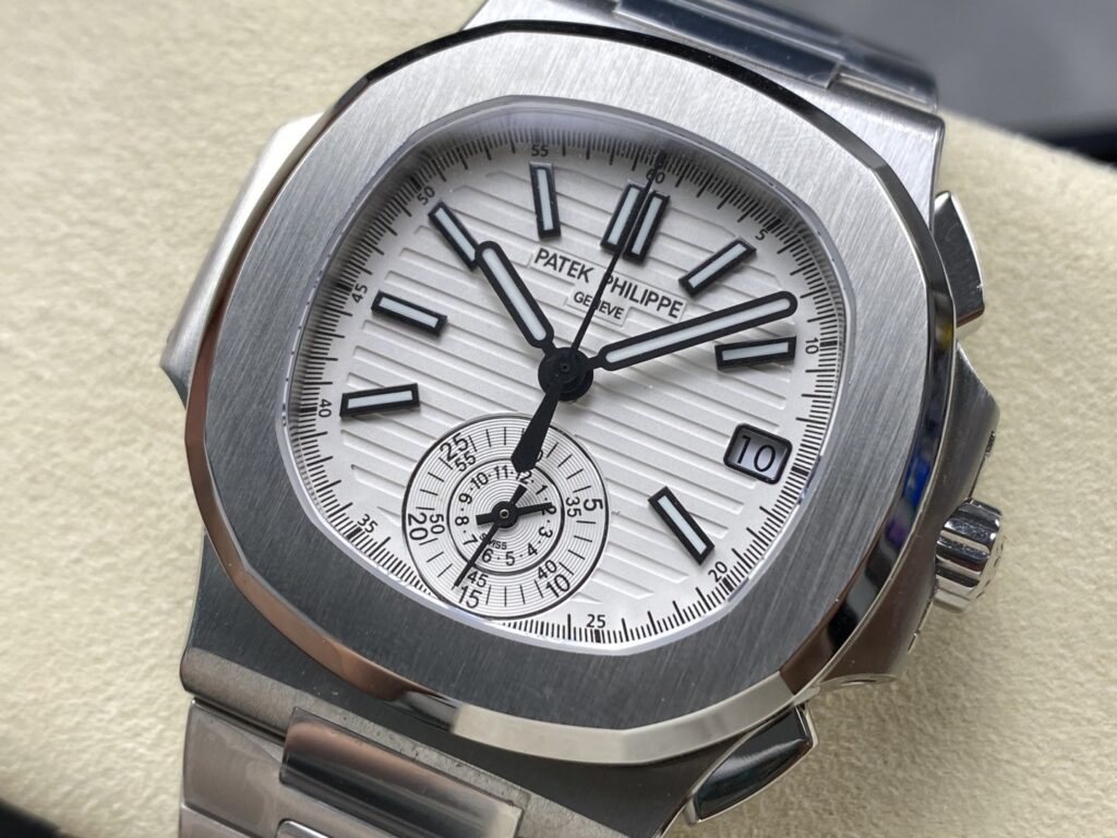 Super Clone Patek Philippe Nautilus Chronograph 5980/1A-019 40.5mm White Dial — on leather display