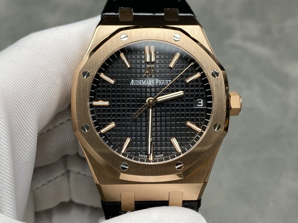 Super Clone Audemars Piguet Royal Oak 15500OR Rose Gold 41mm Black Dial — dial close-up