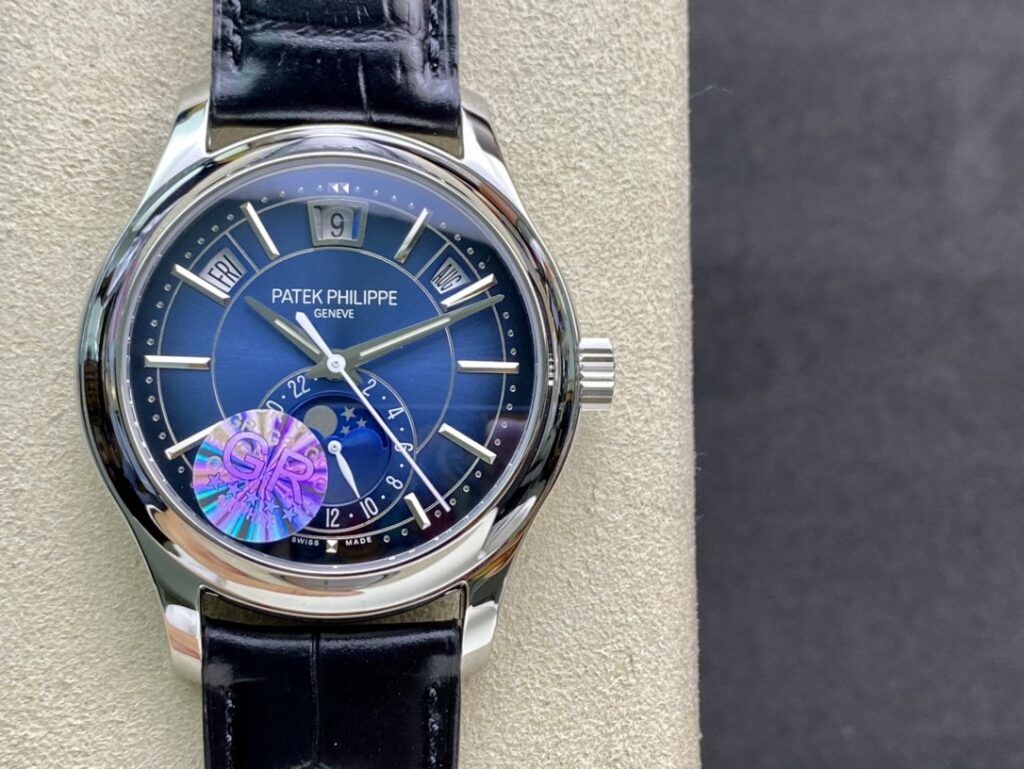 Super Clone Patek Philippe Complications 5205G-013 40mm Blue Dial Steel — dial close-up
