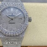 Super Clone Audemars Piguet Royal Oak 15400ST 41mm Full Moissanite Hongkong – Customize Diamod — on leather display