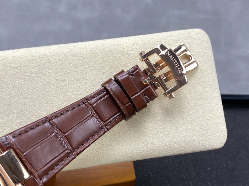 Super Clone Patek Philippe Nautilus Chronograph 5980/1AR-001 40.5mm Black Dial — on leather display