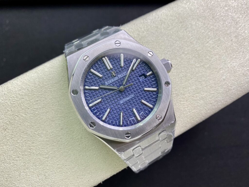 Super Clone Audemars Piguet Royal Oak 15400ST 41mm Blue Dial Stainless Steel Blue Dial — on leather display