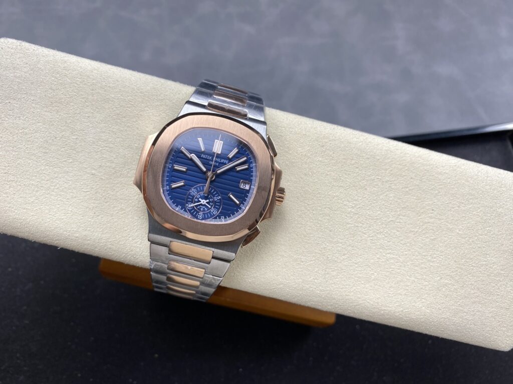 Super Clone Patek Philippe Nautilus Chronograph 5980/1AR-001 40.5mm Blue Dial Rose Gold Demi — on leather display