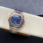 Super Clone Patek Philippe Nautilus Chronograph 5980/1AR-001 40.5mm Blue Dial Rose Gold Demi — on leather display