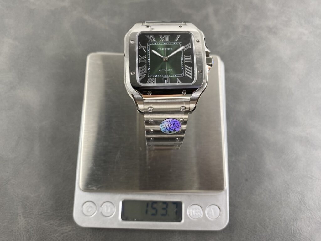 Super Clone Cartier Santos De Cartier Green Dial Large WSSA0062 39.8mm — on leather display
