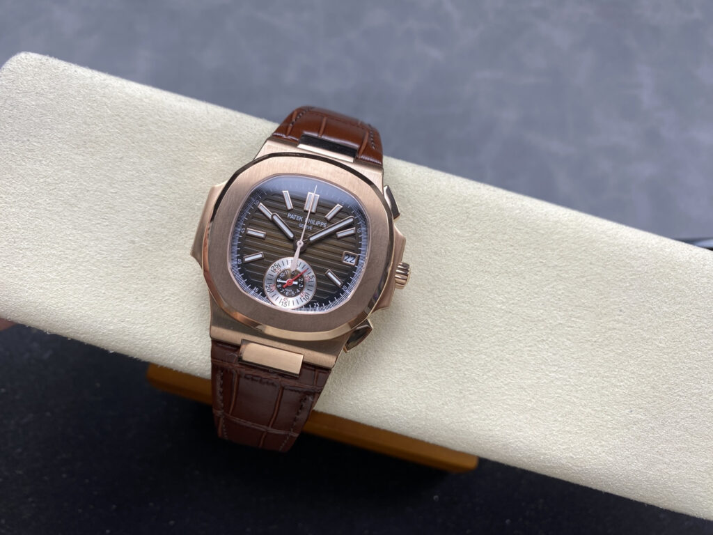 Super Clone Patek Philippe Nautilus 5980R-001 40.5mm Chronograph Rose Gold — on leather display