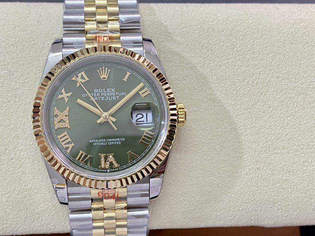 Super Clone Rolex Datejust Olive Green Roman Diamond Dial 126233-0026 36 mm — dial close-up