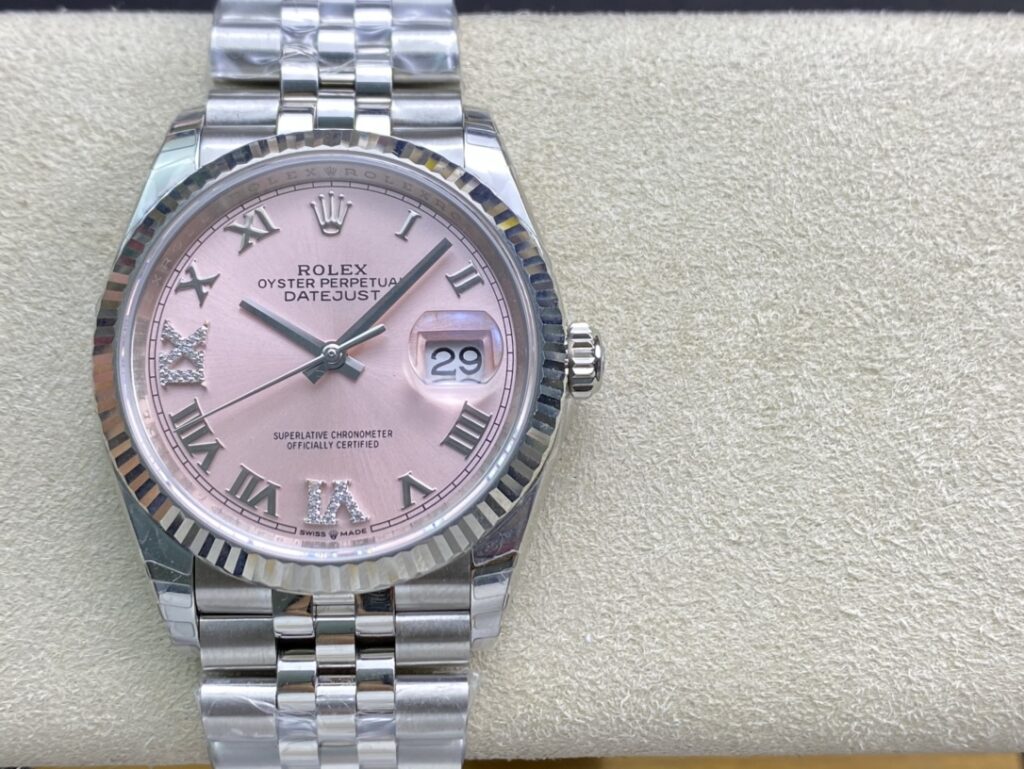 Super Clone Rolex Datejust Pink Roman Dial 126234-0031 36 mm — dial close-up