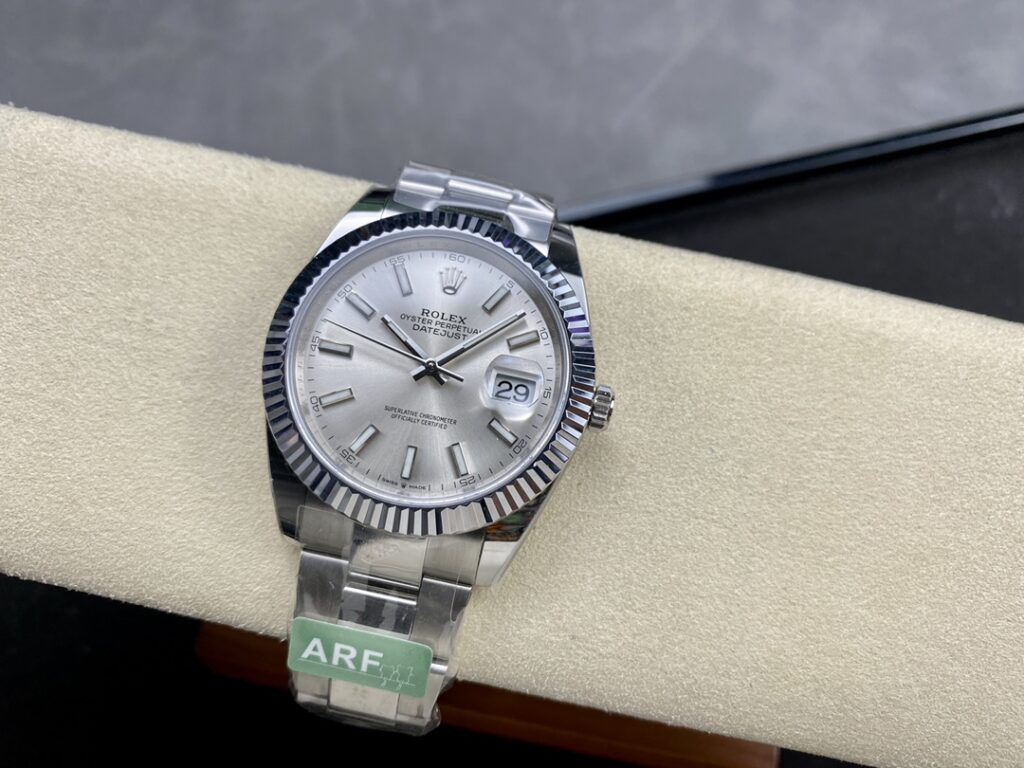 Super Clone Rolex Datejust Silver Dial 126334-0003 41 mm — on leather display
