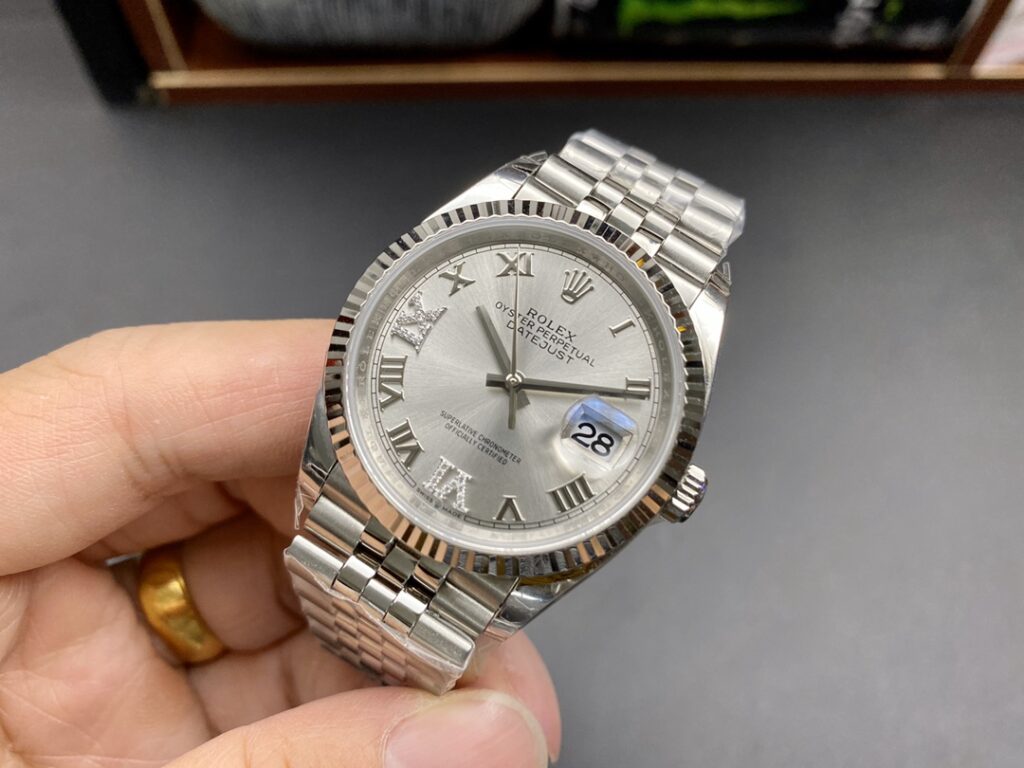 Super Clone Rolex Datejust Silver Roman Diamond Dial 126234-0029 36 mm — case and bezel