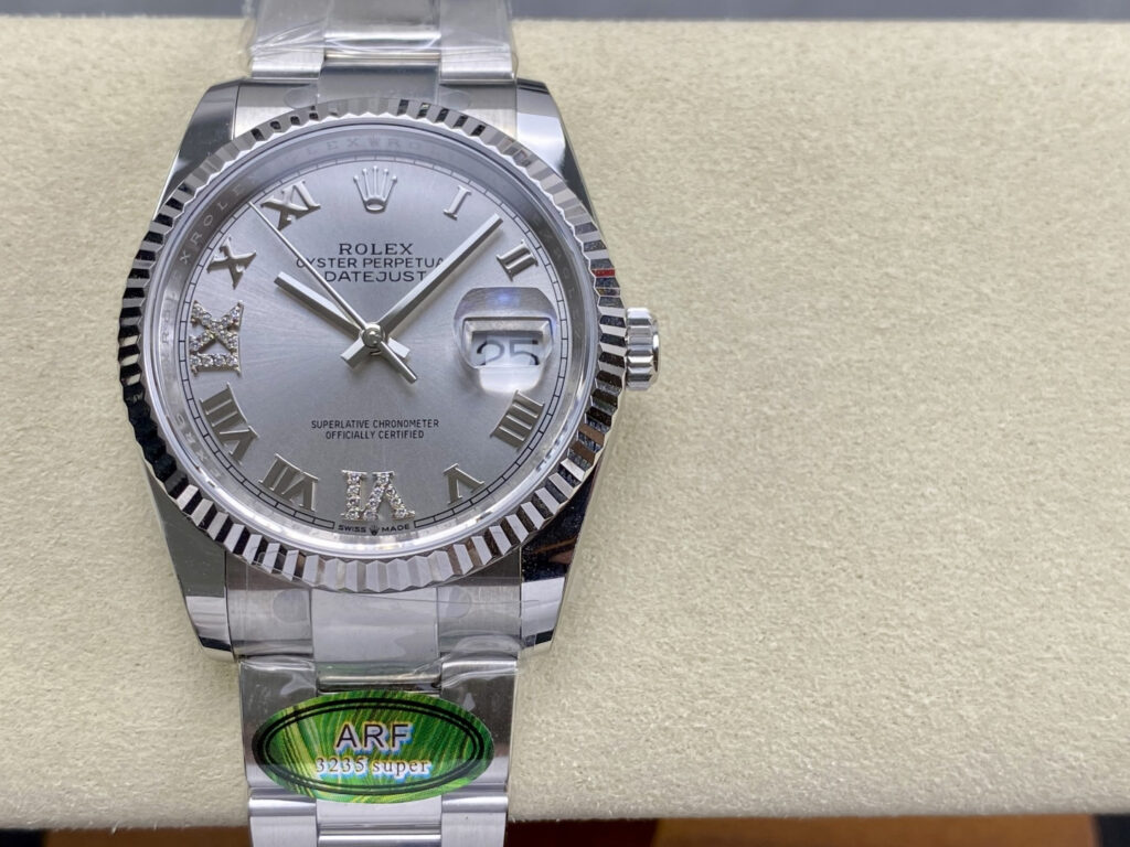 Super Clone Rolex Datejust Silver Roman Diamond Dial 126234-0030 36 mm — dial close-up