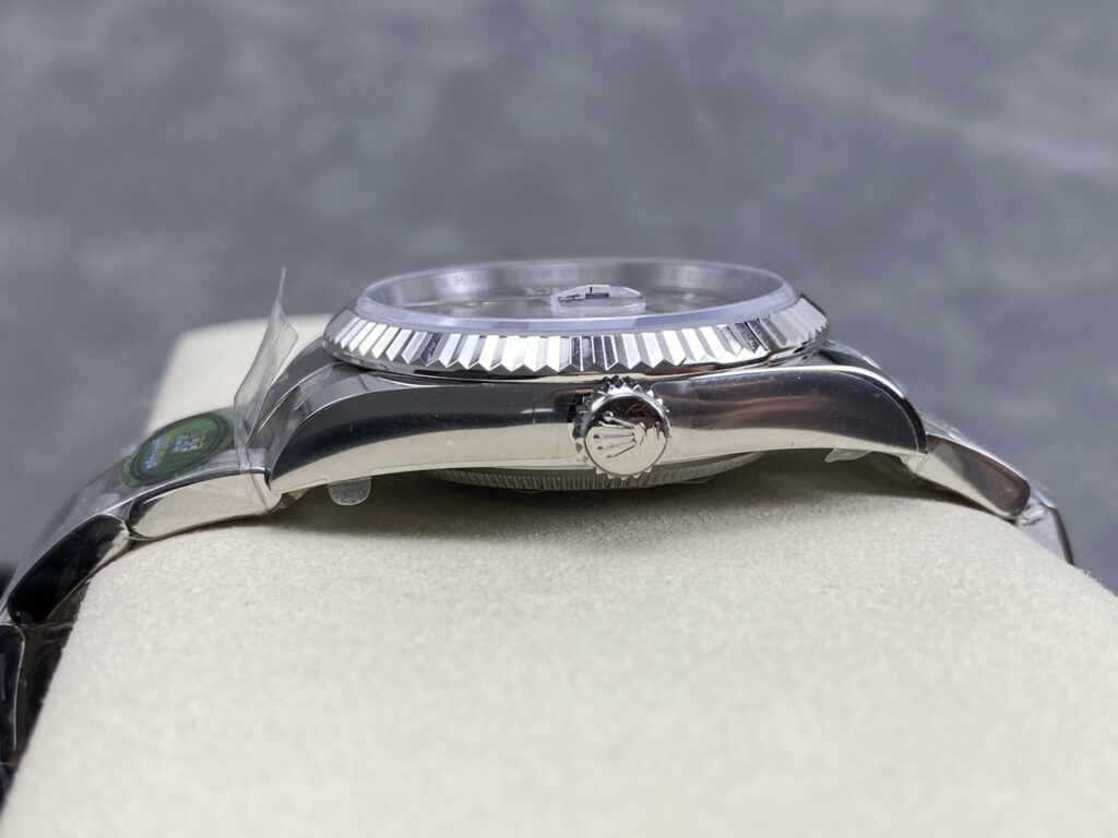 Super Clone Rolex Datejust Silver Roman Diamond Dial 126234-0030 36 mm — on leather display