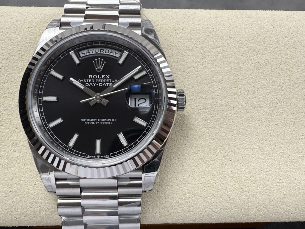 Super Clone Rolex Day-Date Bright Black Dial 228236-0003 40 mm — dial close-up
