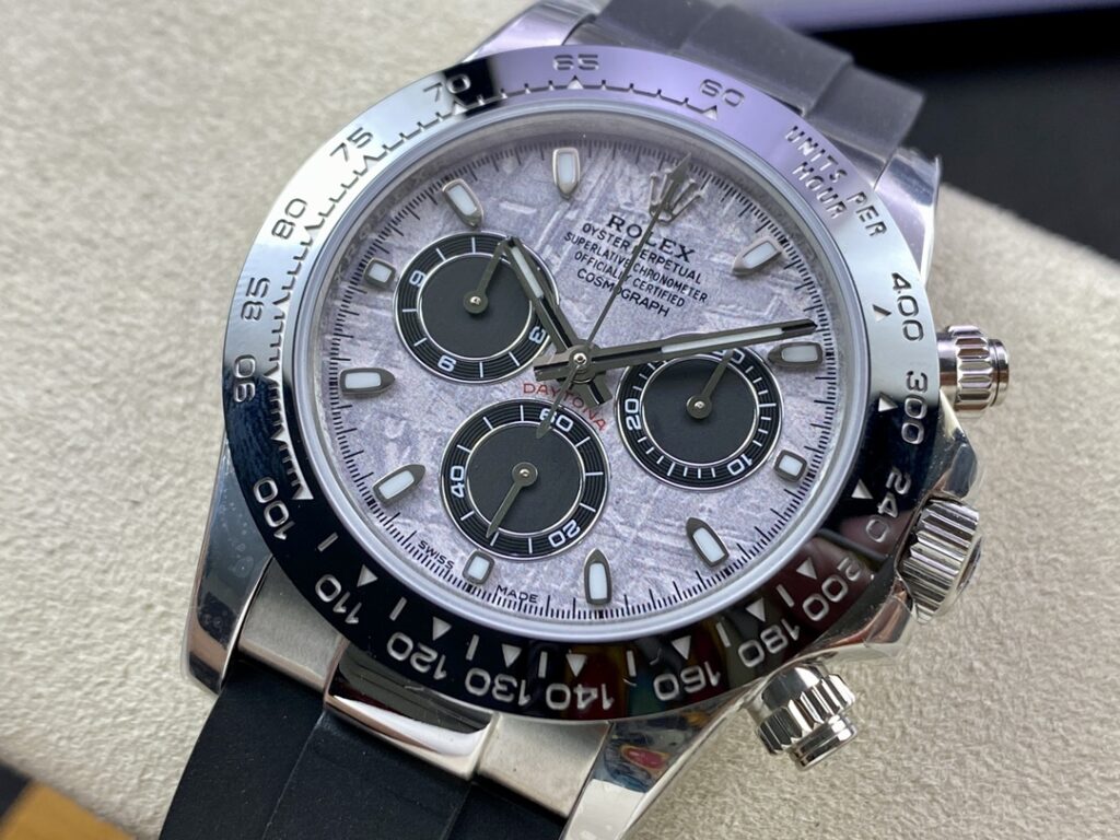 Super Clone Rolex Daytona 126519LN Meteorite Dial — on leather display