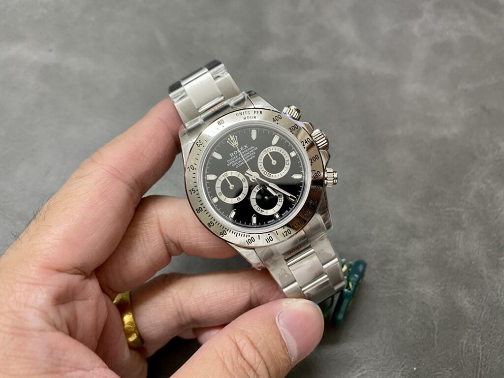 Super Clone Rolex Daytona Black Dial 116520 — on leather display