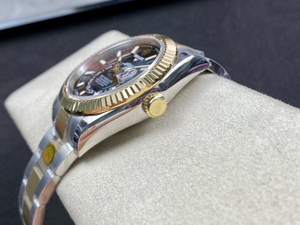 Super Clone Rolex Sky-Dweller Bright black Dial 336933 Oyster — on leather display