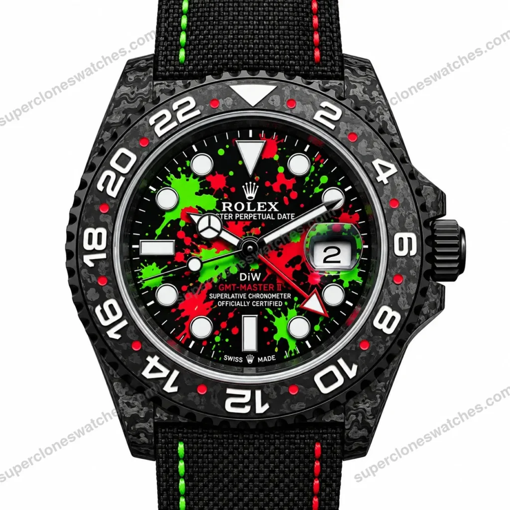 Super Clone Rolex GMT-Master II DIW Carbon Graffiti Red Green 126710 – Swiss SuperClone